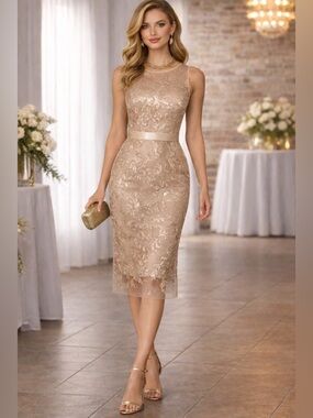 VINCE CAMUTO Women's Tan Sequin Embroidered Sleeveless Midi Cocktail Dress 10